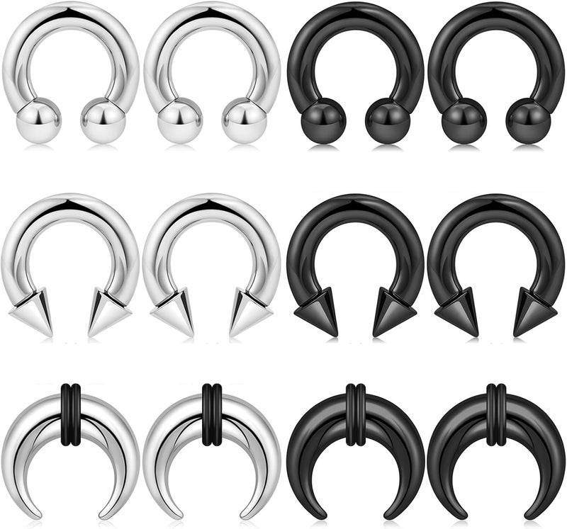 Qmcandy 6-12pcs Septum Pincher Tapers 8G 6G 4G 2G Stretching Kit C Shape Septum Piercing Jewelry Heavy Ear Gauges Earrings Horseshoe Nose Rings for Women Men - Image 1